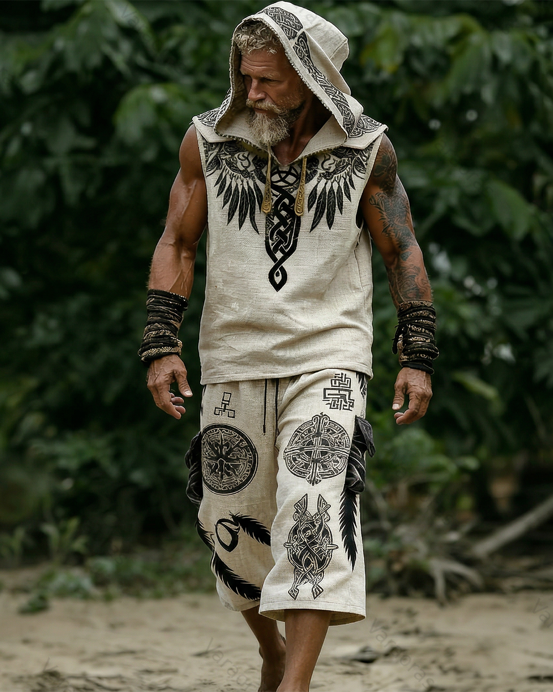 Men's Viking Color-Block Linen Sleeveless Hooded Top and Pants Two-Piece Set 3313