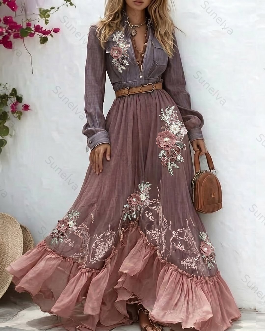 Women's Summer Floral Embroidered Washed  Dress 6930