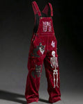 Men's Fashionable and Playful Color-Blocked Skull-Print Overalls 2978
