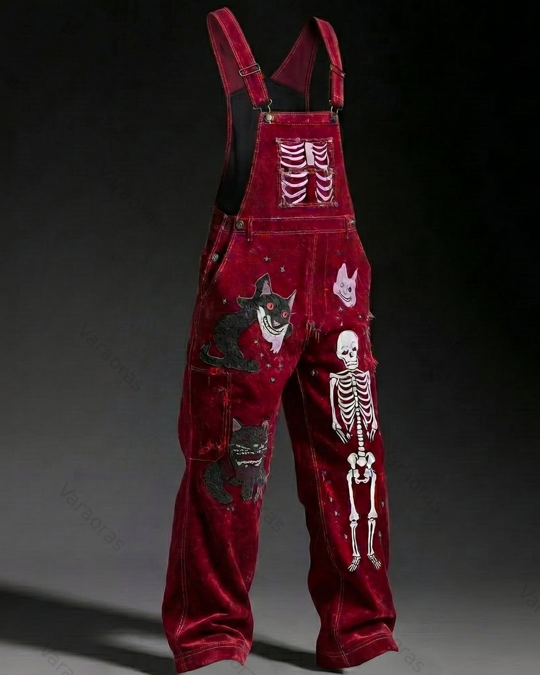 Men's Fashionable and Playful Color-Blocked Skull-Print Overalls 2978