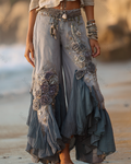 Women's Outdoor Fashion Floral Embroidery Color Block Gradient Denim Linen Pants 8447