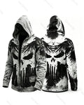 Men's Retro Fashion Skull Print Tie-Dye Cotton Linen Hooded Zip-Up Jacket 5417