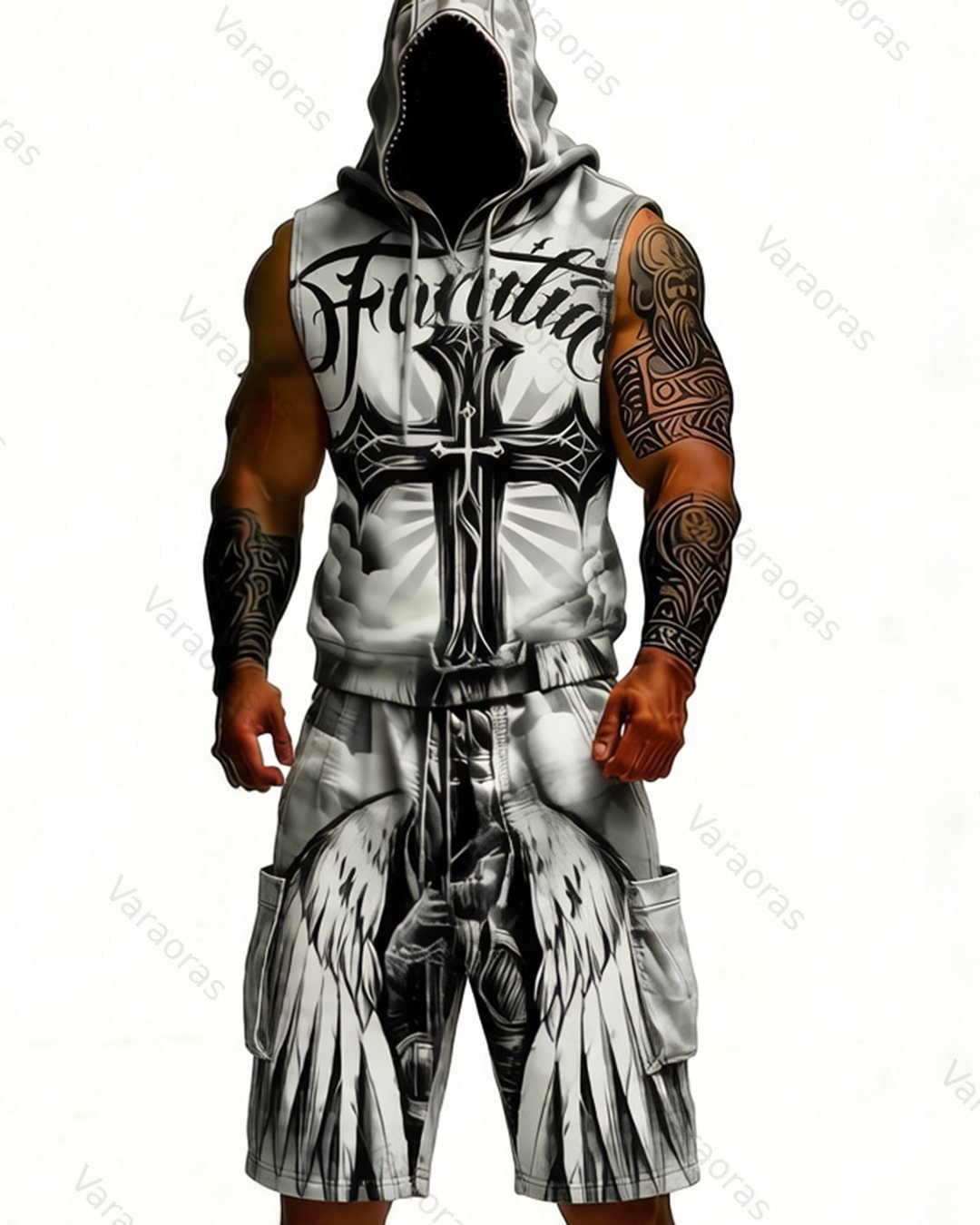 Men's Fashion Cross Embroidered Hooded Sleeveless Top and Pants Two-Piece Set9473