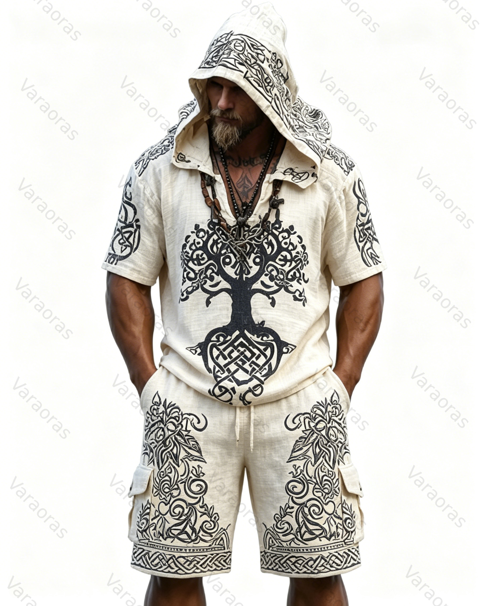 Men's Holiday Viking Themed Tree of Life Stereo Embroidery Casual Linen Hooded Kaftan b0ed