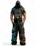 Men's Fashion Viking Contrast Color Embroidered Hoodie & Pants Two-Piece Set 1109