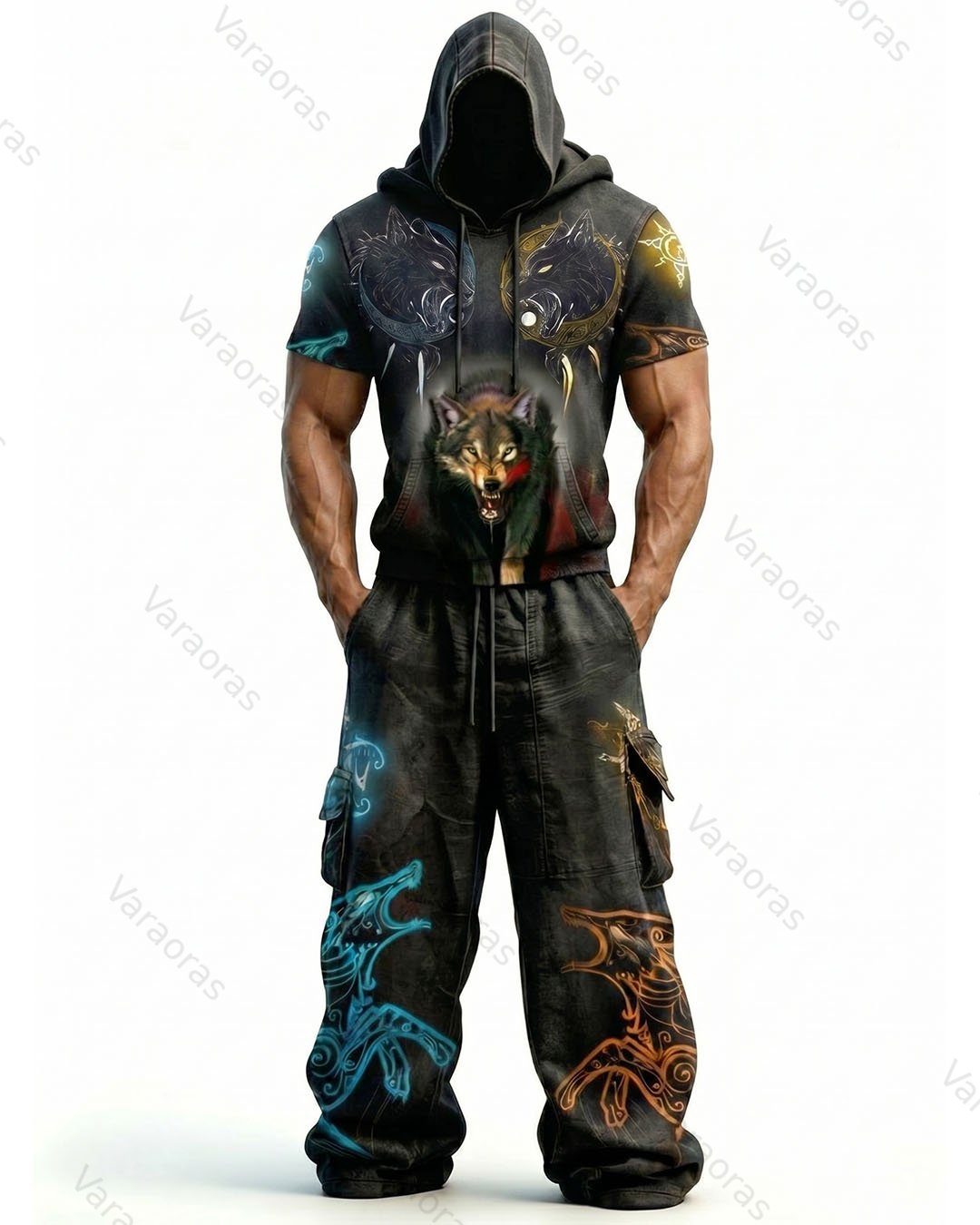 Men's Fashion Viking Contrast Color Embroidered Hoodie & Pants Two-Piece Set 1109