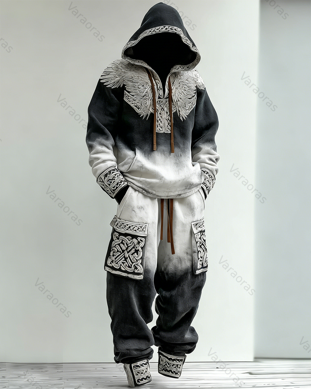 Men's Fashion Viking Linen Hoodie and Pants Two-Piece Set 2951