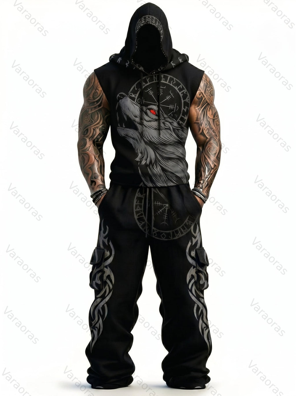 Men's Viking-Style Color-Block Embroidered Hooded Sleeveless Top and Pants Two-Piece Set 3338