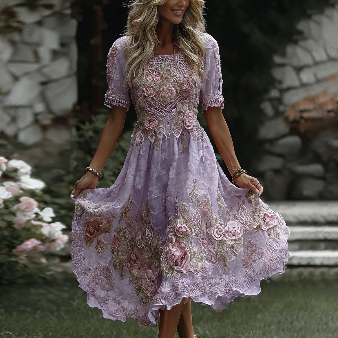Women's Floral Art Print Flowy Linen Blend Casual Short Sleeve Maxi Dress dd62