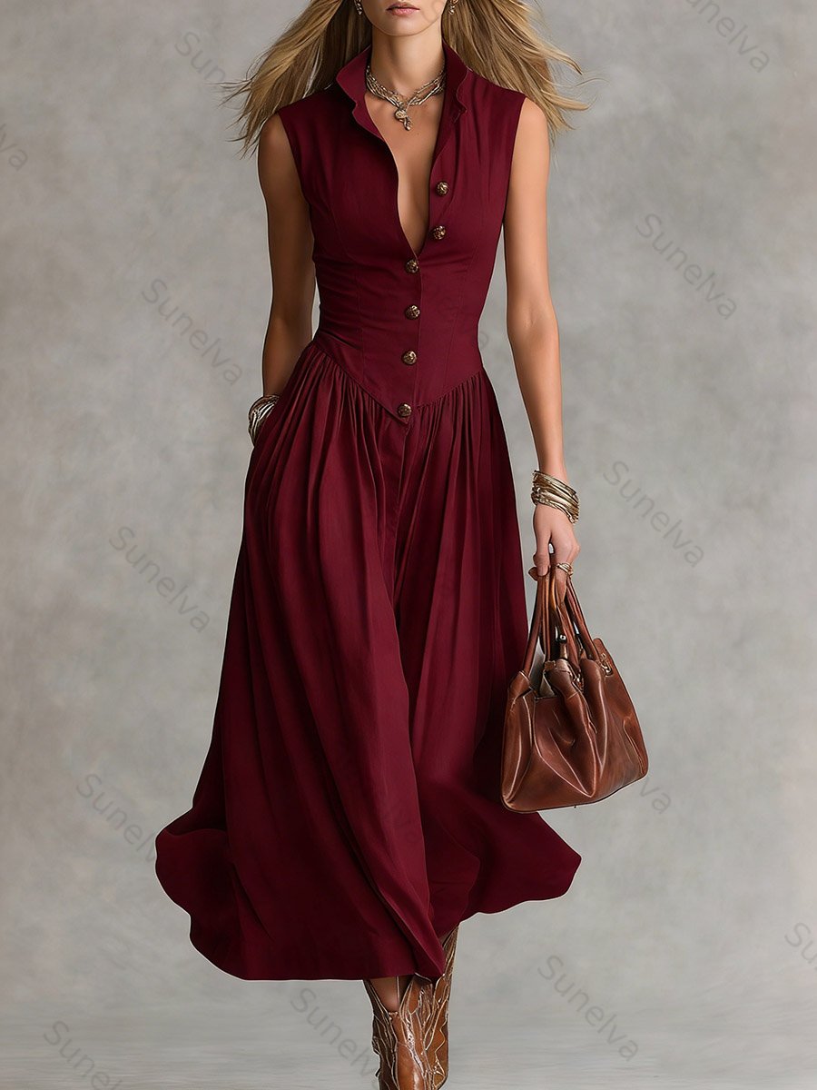Women's Solid Color Collared Sleeveless Casual Loose Cotton Linen Dress fb7d