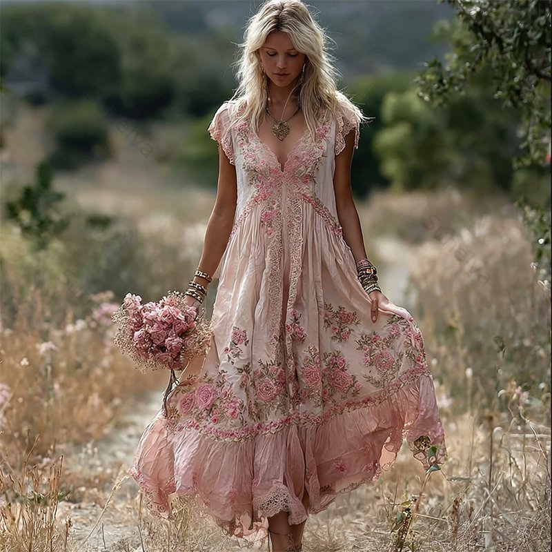 Boho Pink Floral Embroidered Lace Trim Flowy Linen Maxi Dress 1747