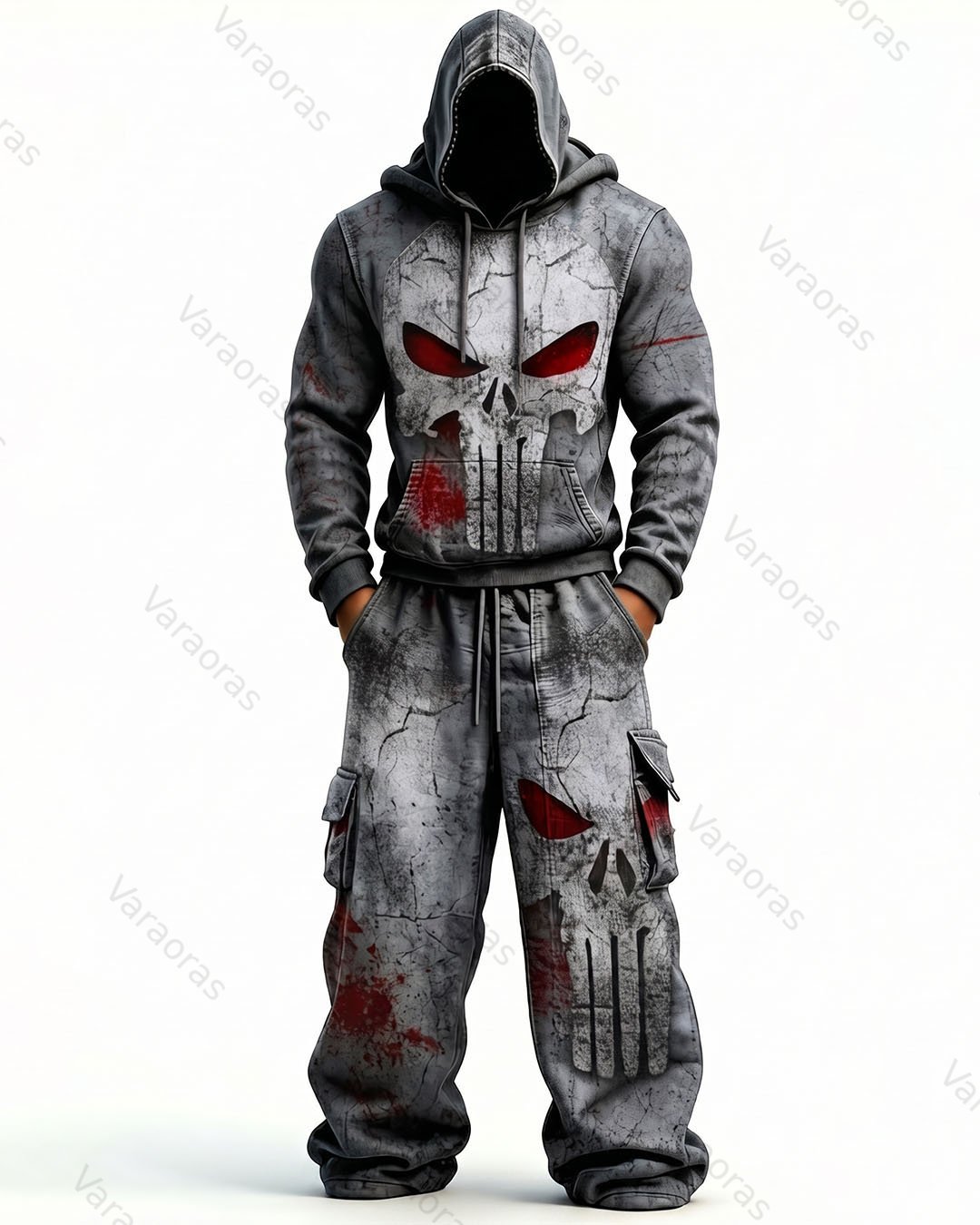 (Short Set) Men's Fashion Skull Contrast Color Embroidered Hoodie & Pants Two-Piece Set 5164
