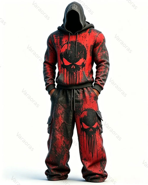 (Short Set) Men's Fashion Vintage Contrast Color Skull Embroidered Hoodie & Pants Two-Piece Set 5721