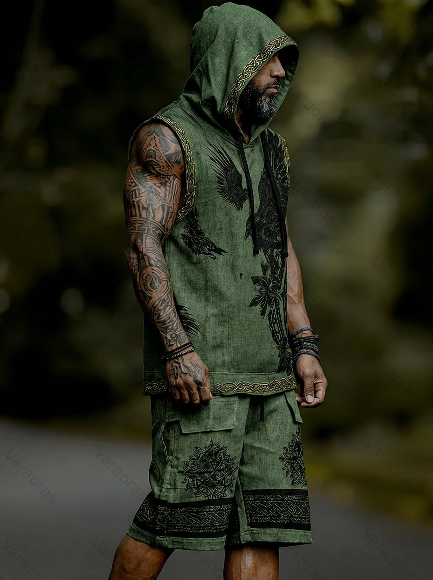 Men's Viking Color-Block Embroidered Linen Sleeveless Hooded Top and Pants Two-Piece Set 9385
