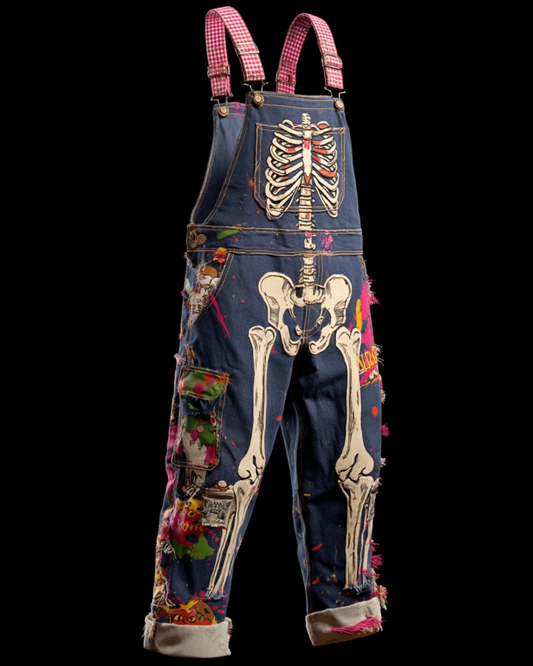 Men's Fashionable and Playful Color-Blocked Skull-Print Overalls 4551