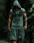 Men's Viking-Style Fashion Contrast-Color Embroidered Hooded Sleeveless Top & Shorts Two-Piece Set 2733
