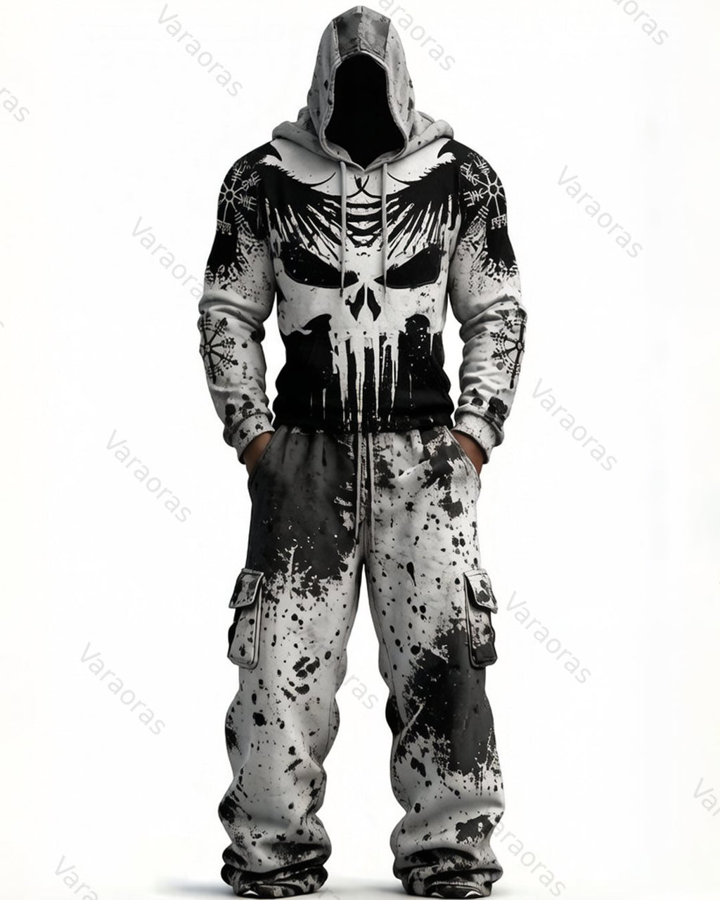 Men's Fashion Viking Contrast Color Embroidered Hoodie & Pants Two-Piece Set 4050