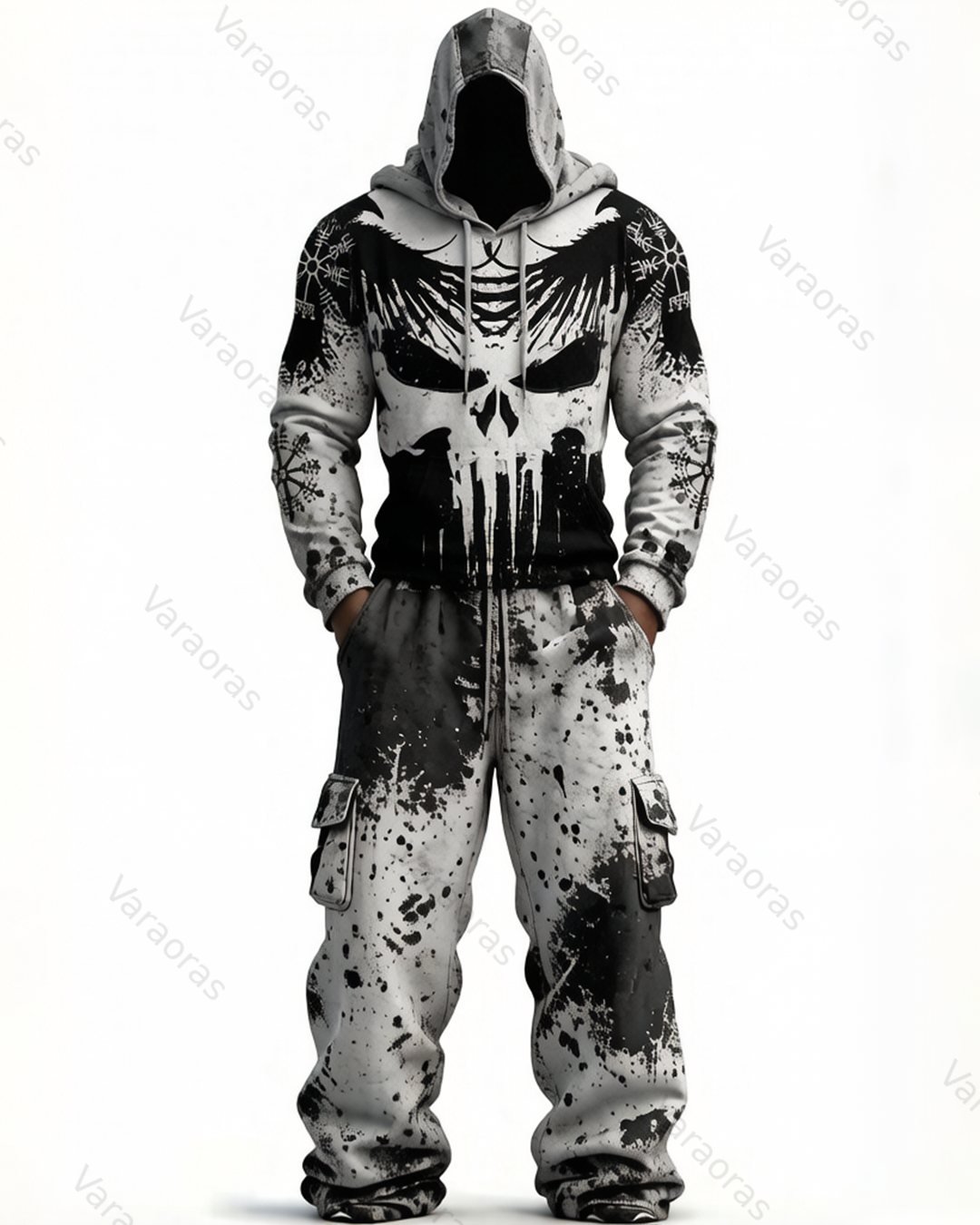Men's Fashion Viking Contrast Color Embroidered Hoodie & Pants Two-Piece Set 4050