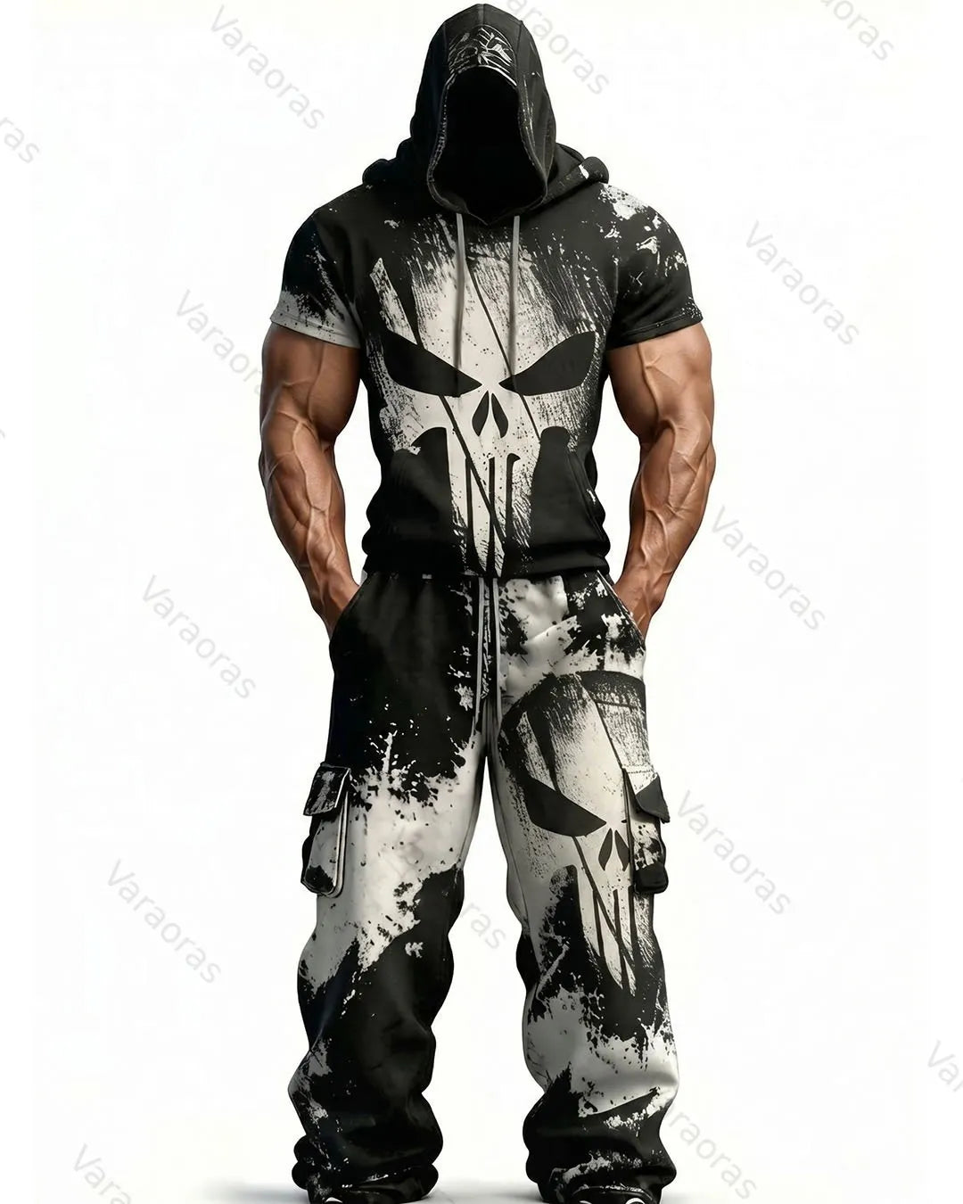 Men's Fashion Skull Contrast Color Embroidered Hoodie & Pants Two-Piece Set 1413
