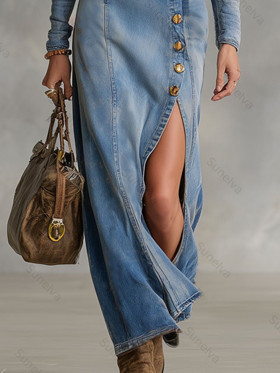V-neck Single-breasted Side-slit Denim Long-sleeved Maxi Dress 9074