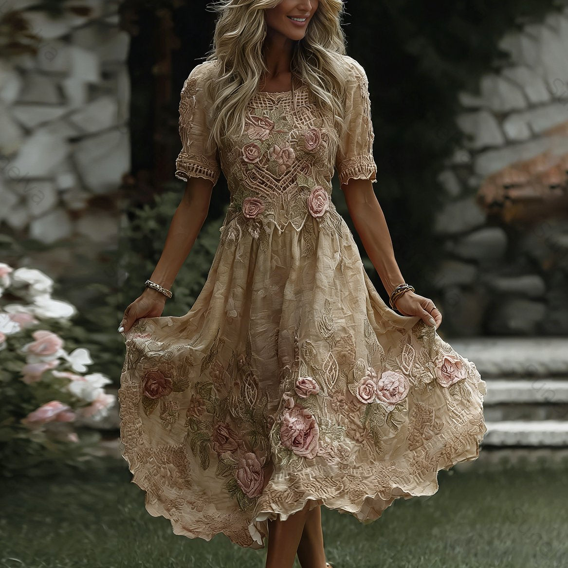 Women's Floral Art Print Flowy Linen Blend Casual Short Sleeve Maxi Dress dd62
