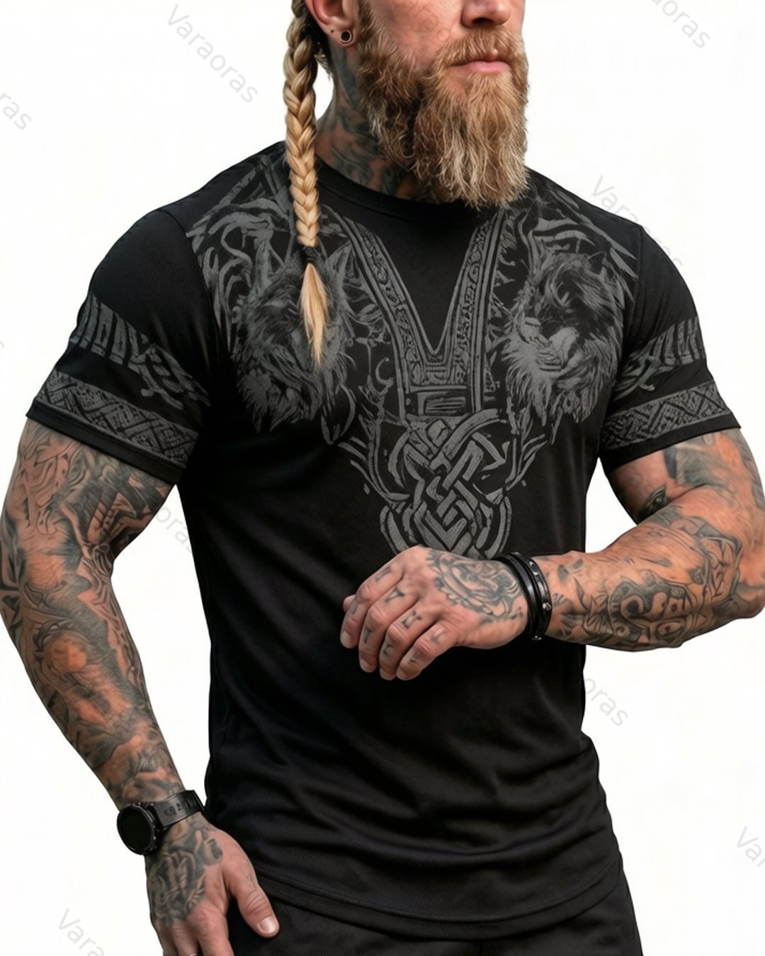 Men's Summer Viking Wolf Totem Print Short-Sleeve T-Shirt 5546