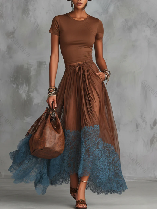 Stylish Stretch T-shirt And Lace-trimmed Skirt Two-piece Set 5823