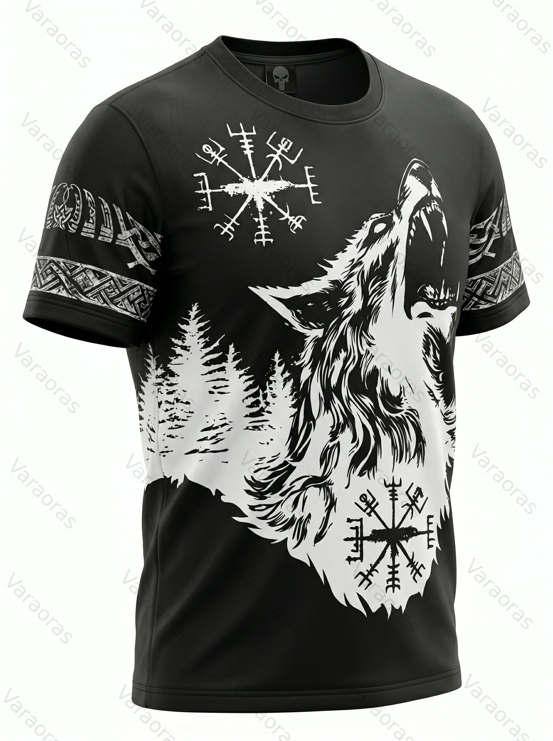 Men's Fashionable Viking Contrast Color Wolf Print T-shirt 8418