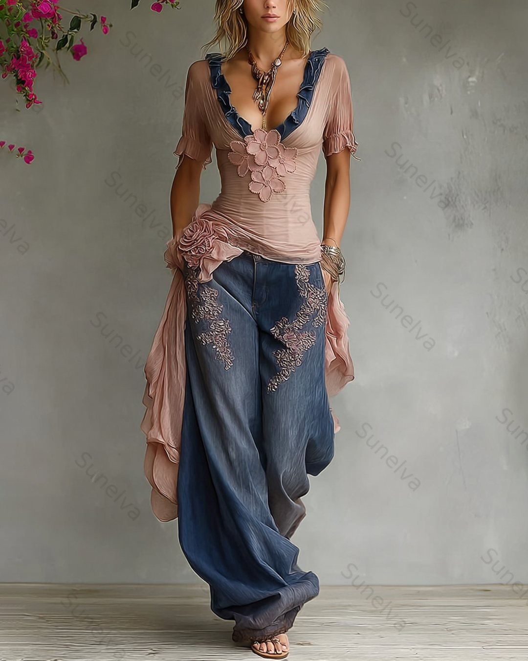 Women's Summer Flowers Embroidery Linen Patchwork Top & Pants Two-Piece Set 4036