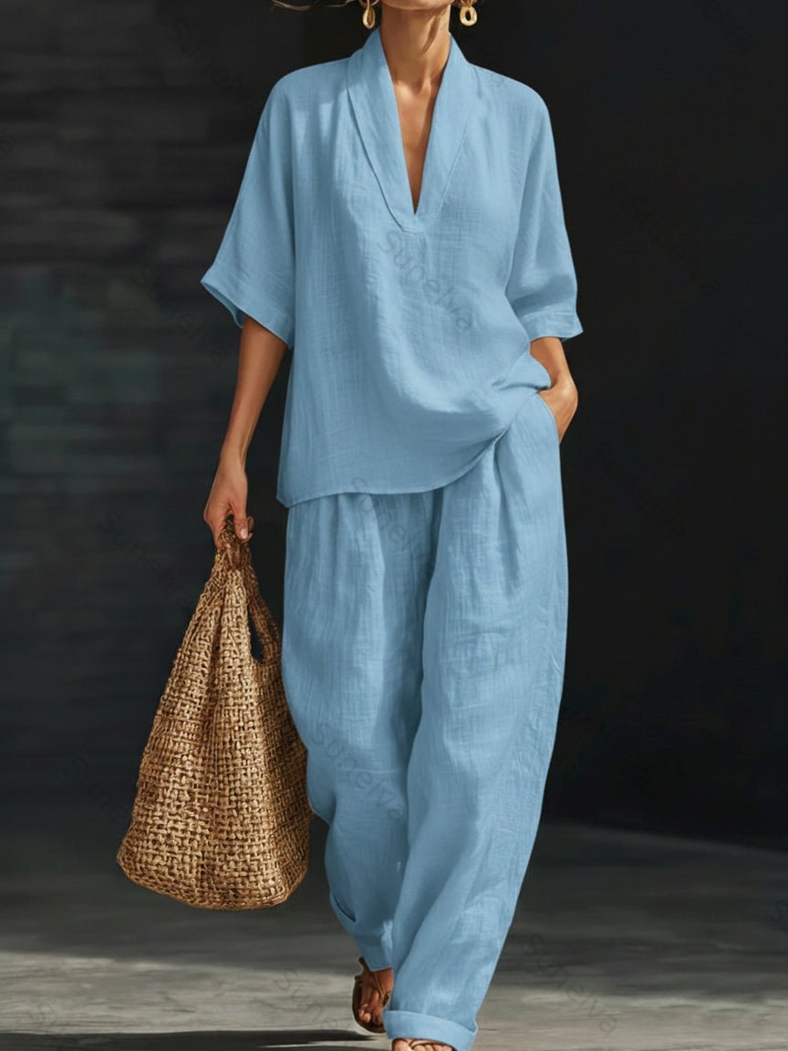 Casual And Cozy Minimalist Linen Two-piece Set 8539