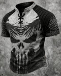Men's Viking Skull Print Short-Sleeve Henley T-Shirt 3904