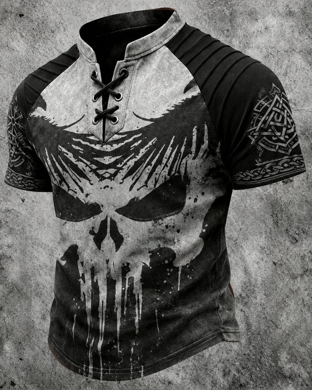 Men's Viking Skull Print Short-Sleeve Henley T-Shirt 3904