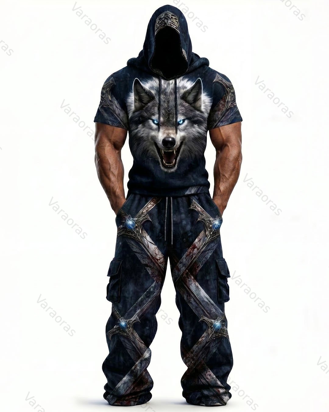 Men's Fashion Viking Contrast Color Embroidered Hoodie & Pants Two-Piece Set 1120