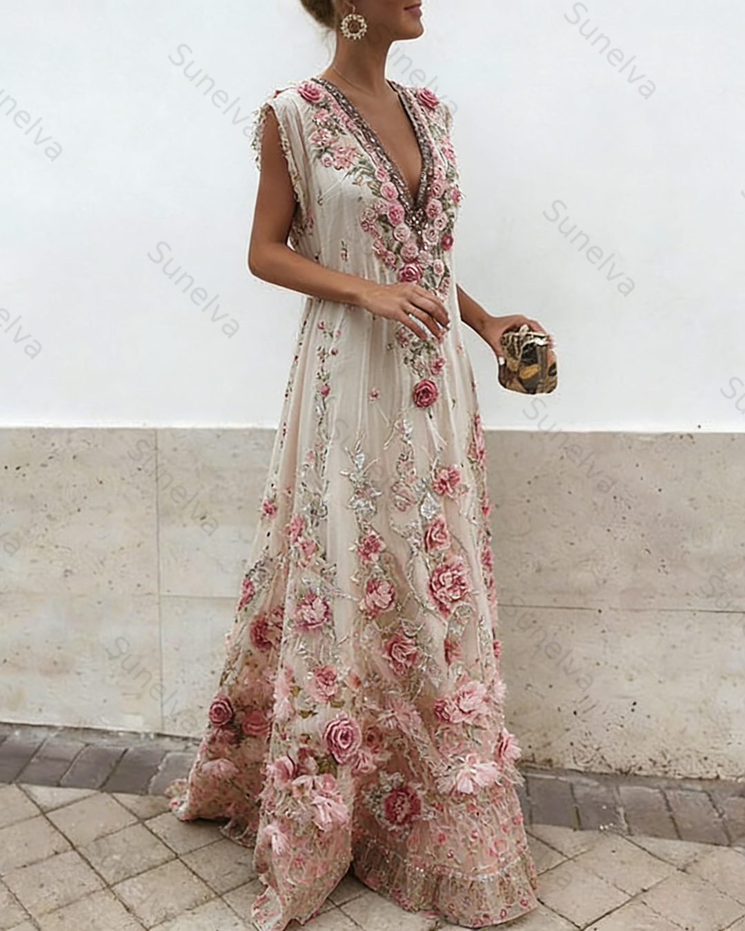 Women's Vacation Irregular Ruffle Flowers Embroidery Dress 8160