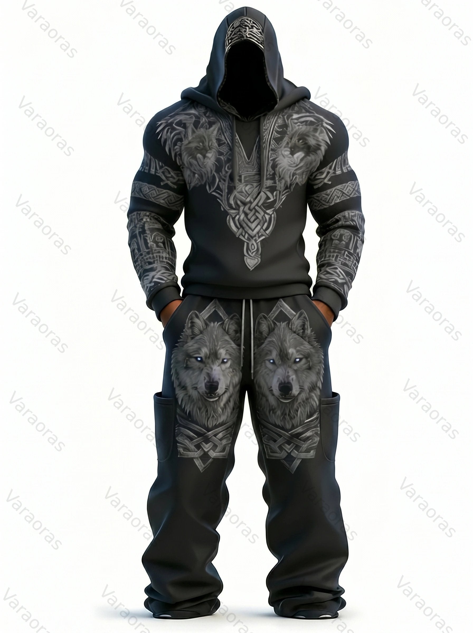 Men's Spring Viking Embroidered Hoodie and Pants Two-Piece Set   1901