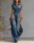 Women's Summer Elegant Floral Embroidered Patchwork Linen Jumpsuit 7403
