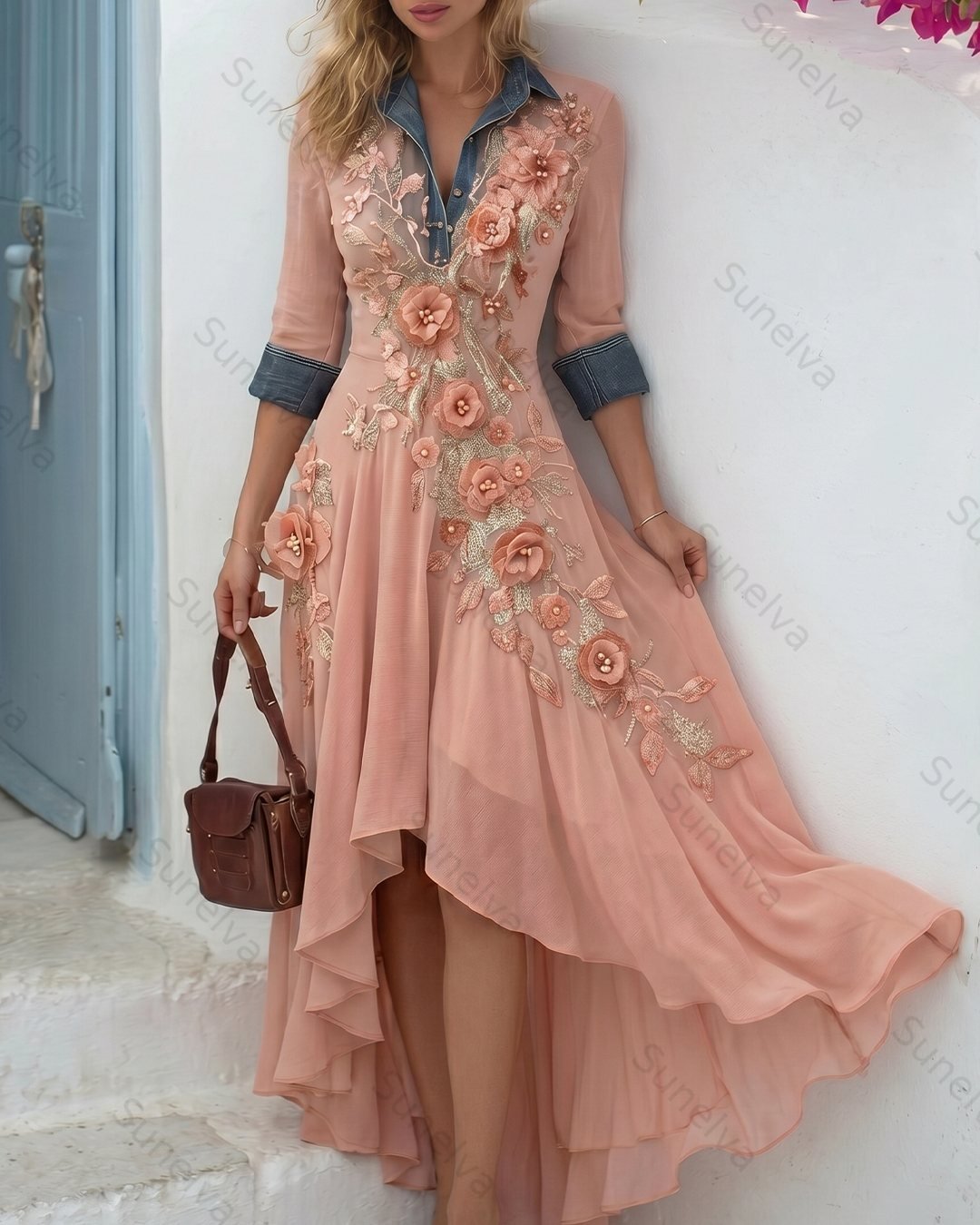 Women's Summer Floral Embroidered Washed  Dress 8928