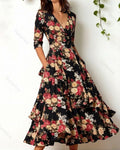 Women's Retro Elegant Printed Irregular Ruffle Patchwork Linen Dress 8799