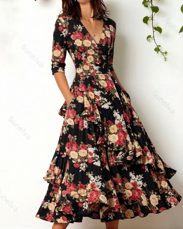Women's Retro Elegant Printed Irregular Ruffle Patchwork Linen Dress 8799