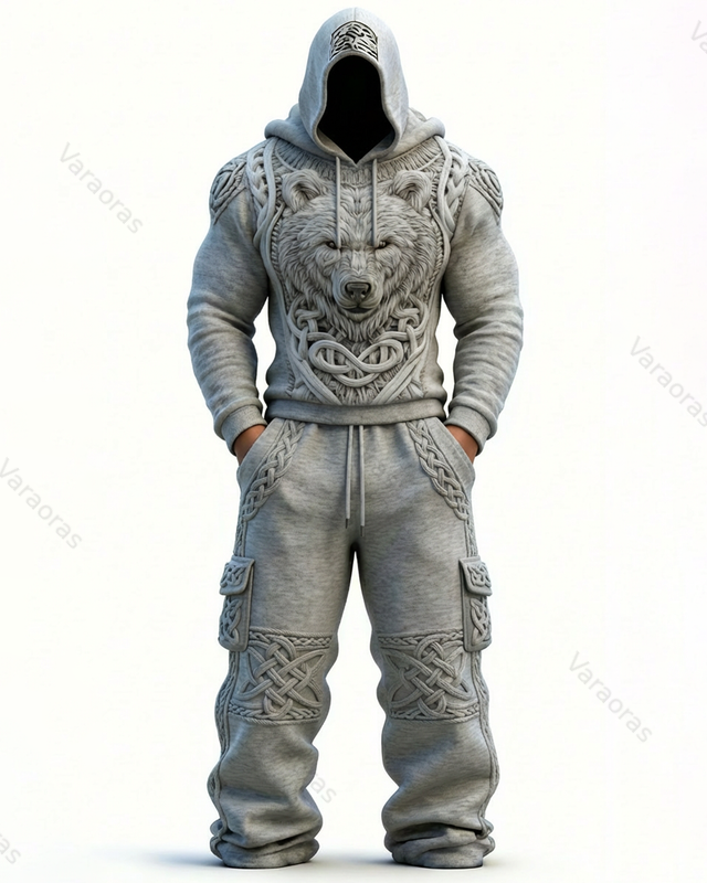 Men's Viking-Inspired Fashion Hoodie and Pants Two-Piece Set 7054
