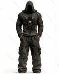 Men's Fashion Contrast Color Skull Embroidered Hoodie & Pants Two-Piece Set 9240