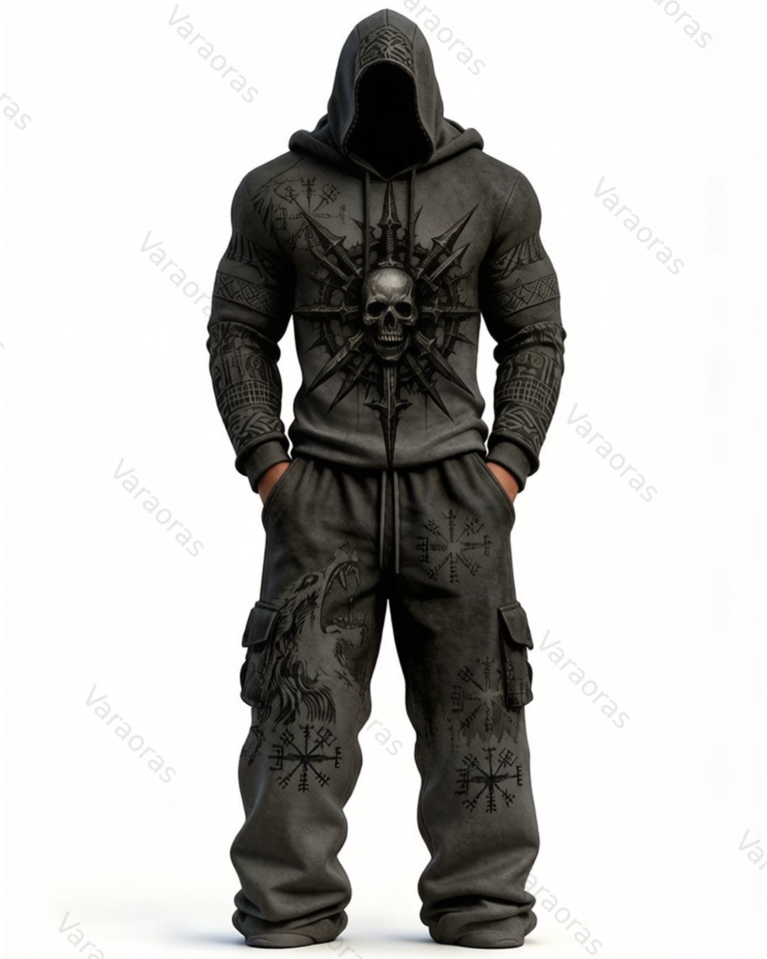 Men's Fashion Contrast Color Skull Embroidered Hoodie & Pants Two-Piece Set 9240