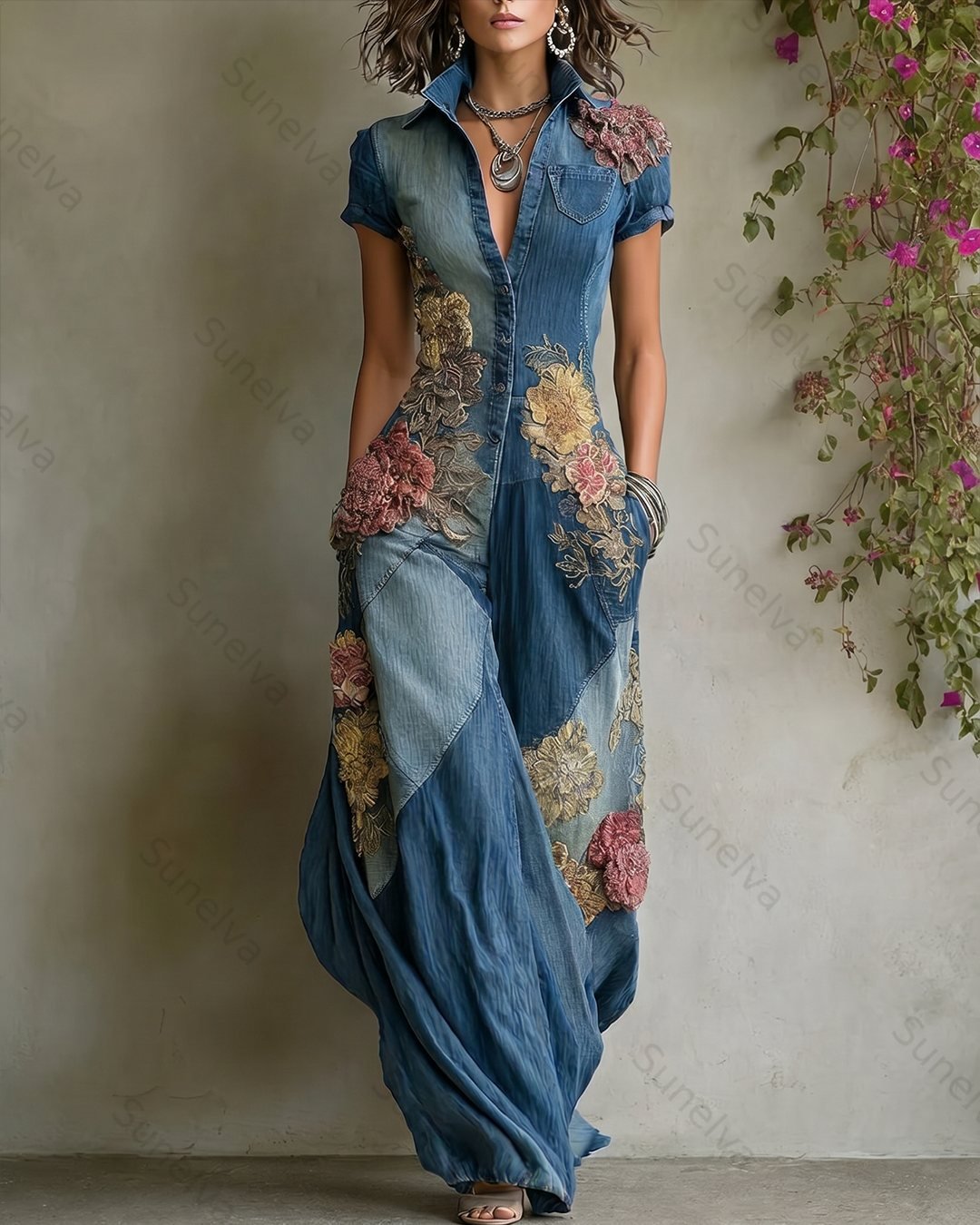 Women's Summer Elegant Floral Embroidered Patchwork Linen Jumpsuit 6776