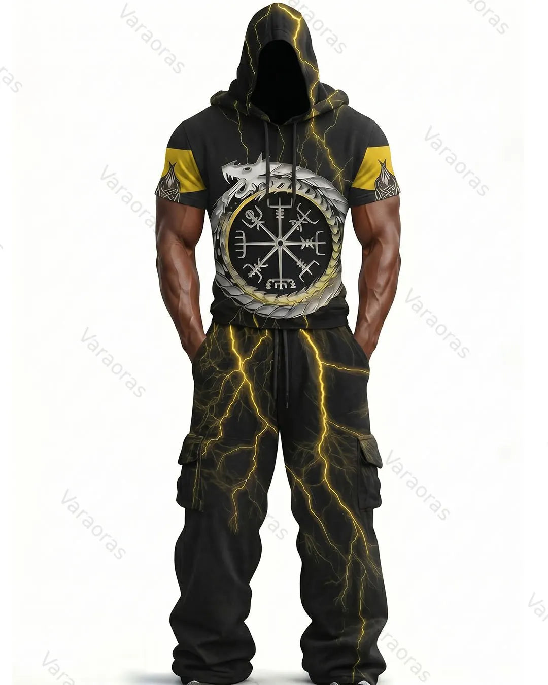 Men's Fashion Viking Contrast Color Embroidered Hoodie & Pants Two-Piece Set 1572
