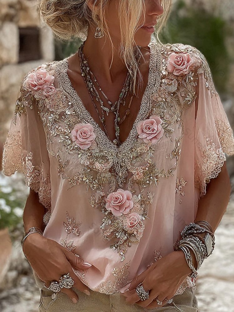 Women's Pink Roses Embroidered Art V-neck Short Sleeve Linen Blend T-shirt 4f5a