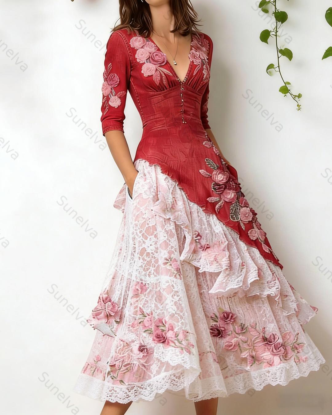 Women's Vacation Irregular Ruffle Flowers Embroidery Dress 5871