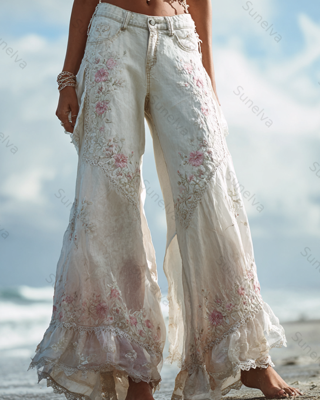 Women's Outdoor Fashion Floral Embroidered Denim Linen Pants 2074