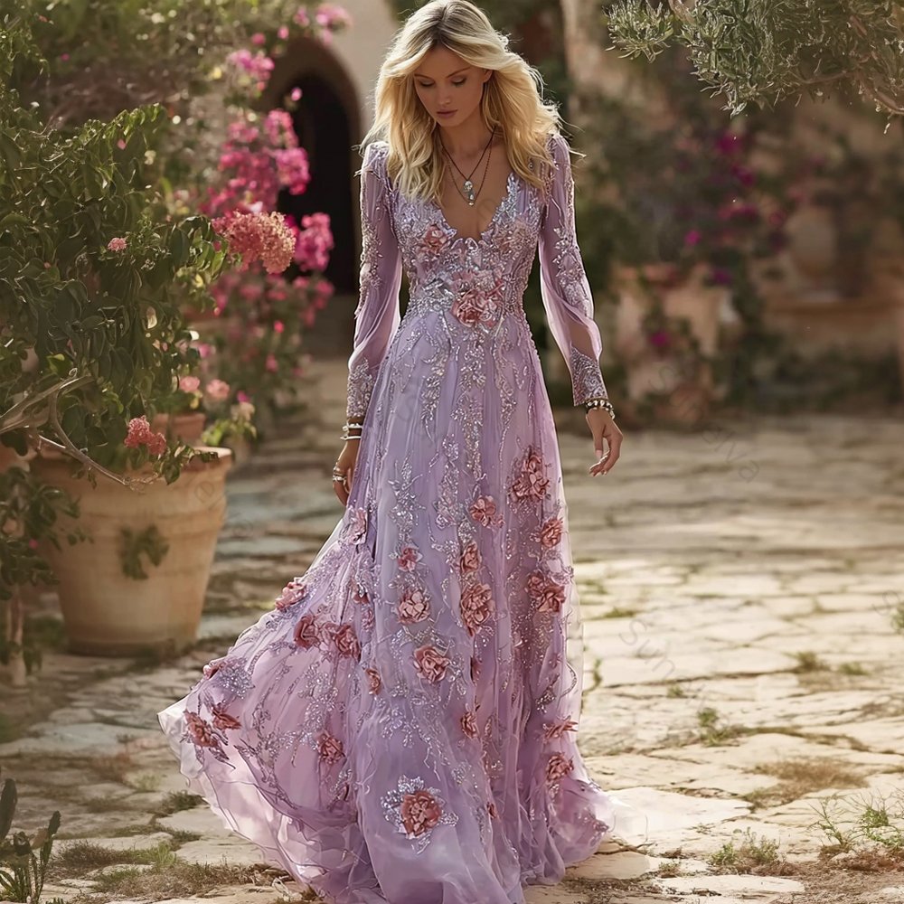 Vintage Boho Roses Embroidered Flowy Linen Maxi Dress 48fe