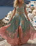 Women's Vacation Flowers Embroidery Linen Patchwork Dress 1787