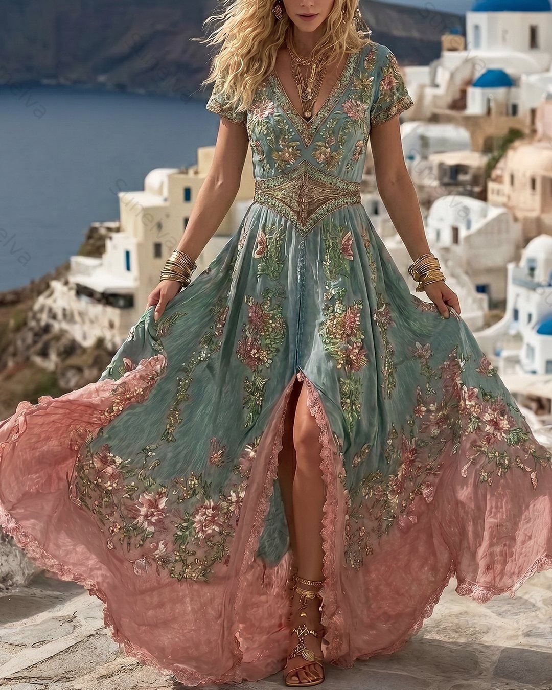 Women's Vacation Flowers Embroidery Linen Patchwork Dress 1787